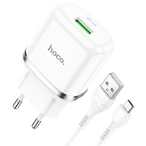Cestovní nabíječ HOCO N3 Single port 1x USB A, QC 3.0 PD 18W, kabel USB A na Micro USB, barva bílá