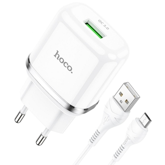 Cestovní nabíječ HOCO N3 Single port 1x USB A, QC 3.0 PD 18W, kabel USB A na Micro USB, barva bílá