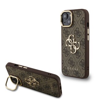 Guess PU 4G Metal Logo Stand Camera Frame Zadní Kryt pro iPhone 14 Brown