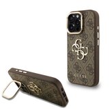 Guess PU 4G Metal Logo Stand Camera Frame Zadní Kryt pro iPhone 15 Pro Max Brown