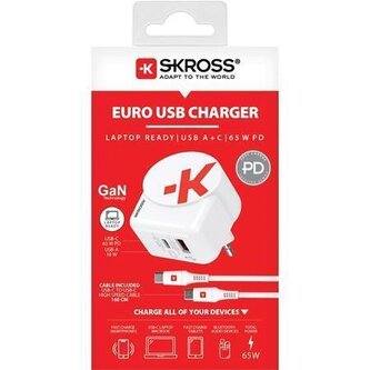 Nabíjecí adaptér, bílá, 1x USB-A / 1x USB-C PD, 65W, kabel USB-C, GaN, SKROSS 1.302425