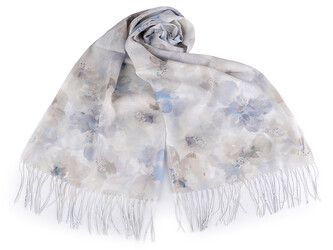 Letní šátek / šála s třásněmi květy 70x180 cm - 1 ks - 1 béžovobílá modrá světlá