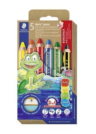 Pastelky "Noris junior 140", 5 různých barev, + grafitová tužka a ořezávátko, sada, šestihranné, STA