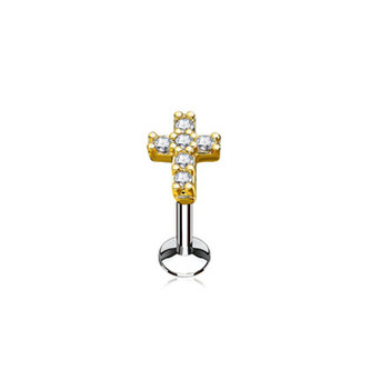LB0027GDC-1208 Zlacený piercing do brady křížek 1,2 x 8 mm, čiré zirkony
