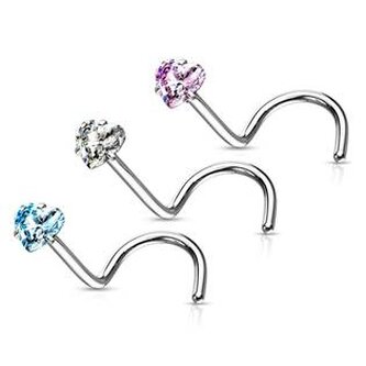 N0139C Zahnutý piercing do nosu srdíčko - srdce - čirá