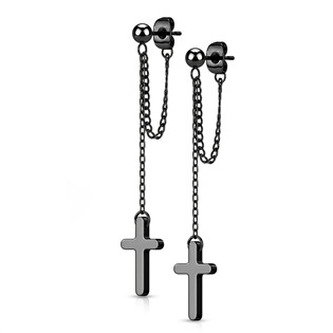 OPN1819-K Černé visací ocelové náušnice s křížky