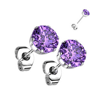 OPN1598 Ocelové náušnice - světle fialové zirkony 6 mm