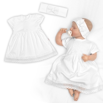 Luxusní šatičky s krajkou SOFIA, krátkým rukávek + čelenka ,2D sada, bíle, vel. 80/86; 80/86 (12-18m)