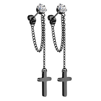 OPN1942-K Černé visací ocelové náušnice s křížky