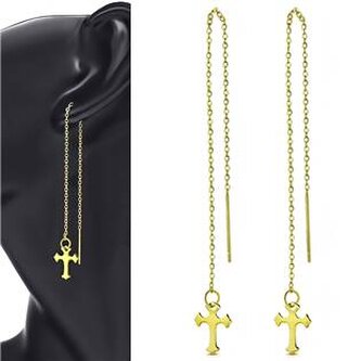 OPN1420-GD Provlékací zlacené ocelové náušnice s křížky