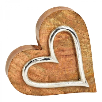 Stojan ve tvaru srdce z mangového dřeva/kovu, stříbrná/přírodní 15x15x4cm