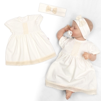 Luxusní šatičky s krajkou Sofia, krátkým rukávek + čelenka ,2D sada, smetanové, vel. 80/86; 80/86 (12-18m)