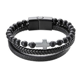 EG7504-21 Náramek pánský koženka a korálky s křížkem - černá