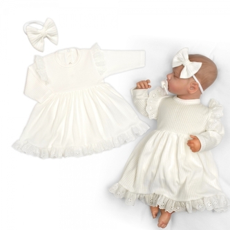 Žebrované sukničkobody + čelenka Paula, dl. rukáv, bavlna, 2D sada, smetanové; 56/62 (0-3m)