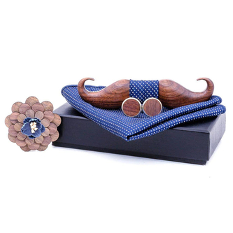 Dřevěný motýlek s kapesníčkem a manžetovými knoflíčky a broží 709216 - hnědý-modrý