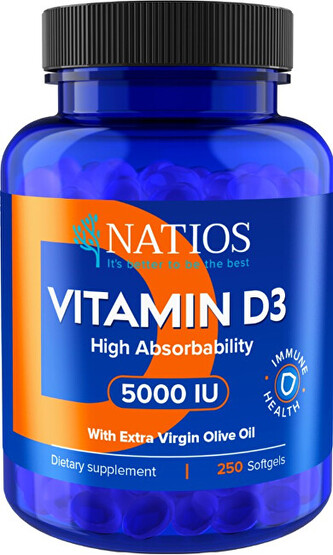 Natios Vitamin D3 - vysoce vstřebatelný 5000 IU 250 softgel kapslí (s olivovým olejem)