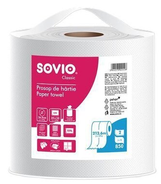 Papírové utěrky, bílá, 2-vrstvé, 212,6 m, průměr 26,5 cm, 1 role, SOVIO PP20907 Papírové utěrky, bílá, 2-vrstvé, 212,6 m, průměr 26,5 cm, 1 role, SOVIO PP20907