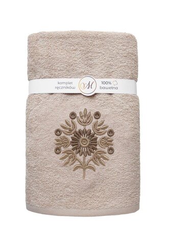 RĘCZNIK KPL.MARIBELLA 3 SZT./30X50/50X100/70X140/ FROTTE HAFT 002 SŁONECZNIK KAWA Z MLEKIEM