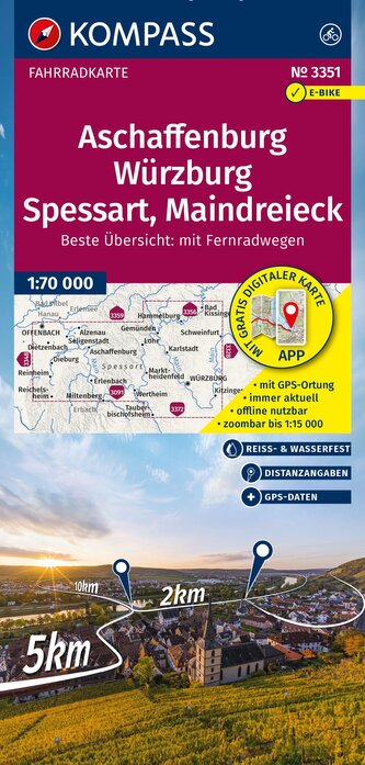 KOMPASS Fahrradkarte 3351 Aschaffenburg, Würzburg, Spessart, Maindreieck 1:70.000