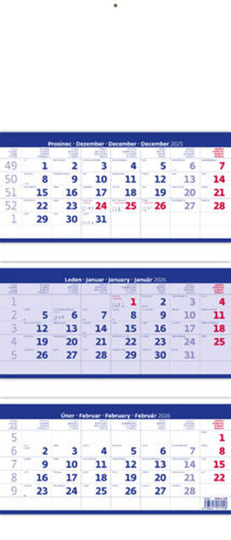 Tříměsíční kalendář skládaný modrý 2026 - nástěnný kalendář