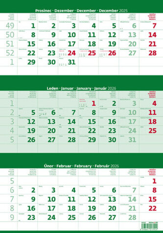 Tříměsíční kalendář zelený 2026 - nástěnný kalendář