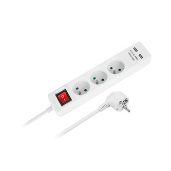 Prodlužovací kabel REBEL URZ3202-5  3 zásuvky, 5m, vypínač, 2xUSB, bílá