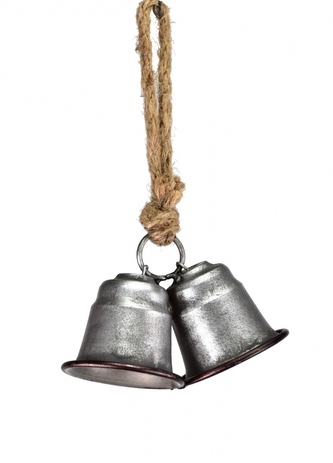 Dvojitý kovový zvonek stříbrný na jutovém provaze 14x12x25 cm
