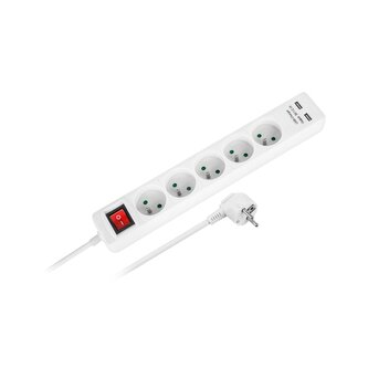 Prodlužovací kabel REBEL URZ3203-1,5  5 zásuvek, 1,5m, vypínač, 3x1mm, 2xUSB, bílá