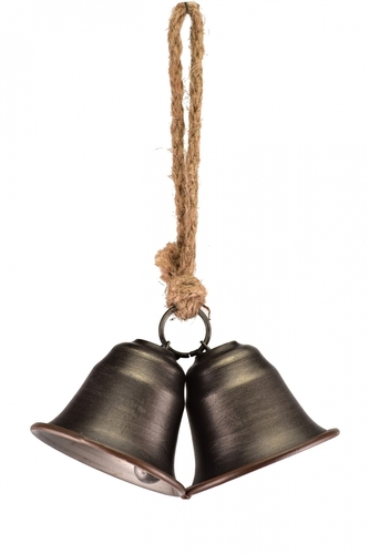 Dvojitý kovový zvonek šedý na jutovém provaze 8x15x25 cm