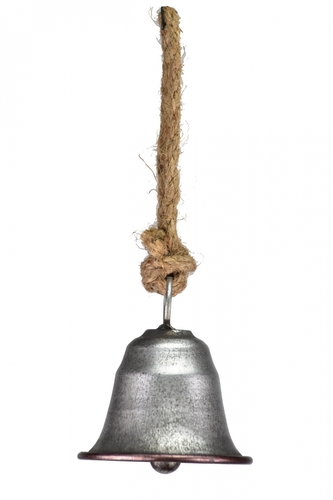 Kovový zvonek stříbrný na jutovém provaze 8x7,3x25 cm