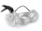 Karnevalová maska - škraboška s peřím - 1 ks - 3 stříbrná