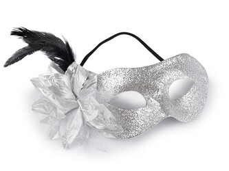 Karnevalová maska - škraboška s peřím - 1 ks - 3 stříbrná