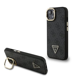 Guess PU 4G Strass Triangle Logo Stand Camera Frame MagSafe Zadní Kryt pro iPhone 15 Black