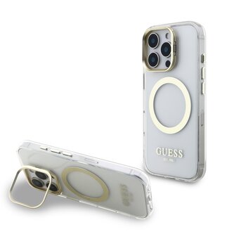 Guess IML Gold Outline Stand Camera Frame MagSafe Zadní Kryt pro iPhone 16 Pro Max Transparent