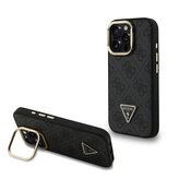 Guess PU 4G Strass Triangle Logo Stand Camera Frame MagSafe Zadní Kryt pro iPhone 15 Pro Black
