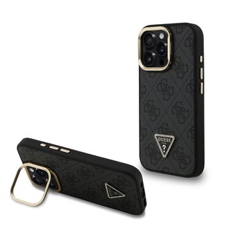 Guess PU 4G Strass Triangle Logo Stand Camera Frame MagSafe Zadní Kryt pro iPhone 15 Pro Black