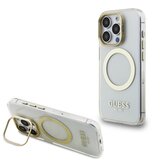 Guess IML Gold Outline Stand Camera Frame MagSafe Zadní Kryt pro iPhone 15 Pro Max Transparent