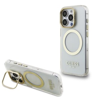 Guess IML Gold Outline Stand Camera Frame MagSafe Zadní Kryt pro iPhone 15 Pro Max Transparent