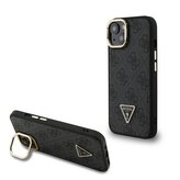 Guess PU 4G Strass Triangle Logo Stand Camera Frame MagSafe Zadní Kryt pro iPhone 14 Black