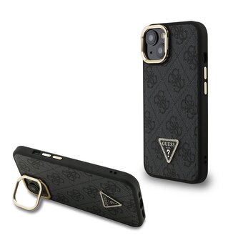 Guess PU 4G Strass Triangle Logo Stand Camera Frame MagSafe Zadní Kryt pro iPhone 13 Black