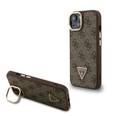 Guess PU 4G Strass Triangle Logo Stand Camera Frame MagSafe Zadní Kryt pro iPhone 14 Brown