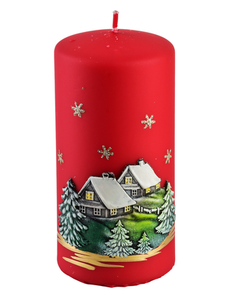 Świeca ZIMOWY DOMEK Walec duży 7x17,5cm czerwona