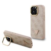 Guess PU 4G Strass Triangle Logo Stand Camera Frame MagSafe Zadní Kryt pro iPhone 16 Pro Pink