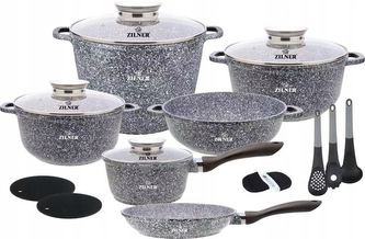 Sada mramorového nádobí s pánví a doplňky – 17 ks, vhodná pro indukci a troubu