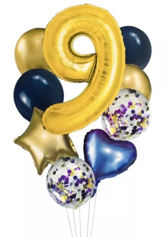 Zestaw 9 balonów foliowych i lateksowych z cyfrą "9"