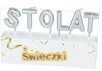 Świeczki literki na tort STO LAT srebrne 6 szt.