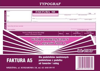 Faktura A5 poziom (s) dla podatników zwolnionych podmiotowo z podatku od towaru 01043