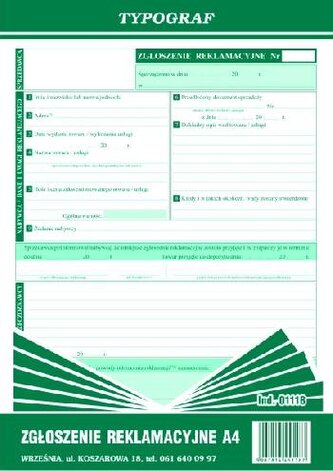 Zgłoszenie reklamacyjne A4 01118