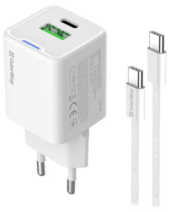 COLORWAY 1x USB-C/ 1x USB-A/ síťová nabíječka/ GaN/ PD/ PPS/ 20W/ Bílá + 1x USB-C kabel