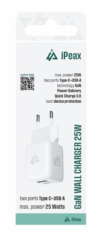 iPEAX GaN síťová nabíječka 25W (USB-C + USB-A) BÍLÁ